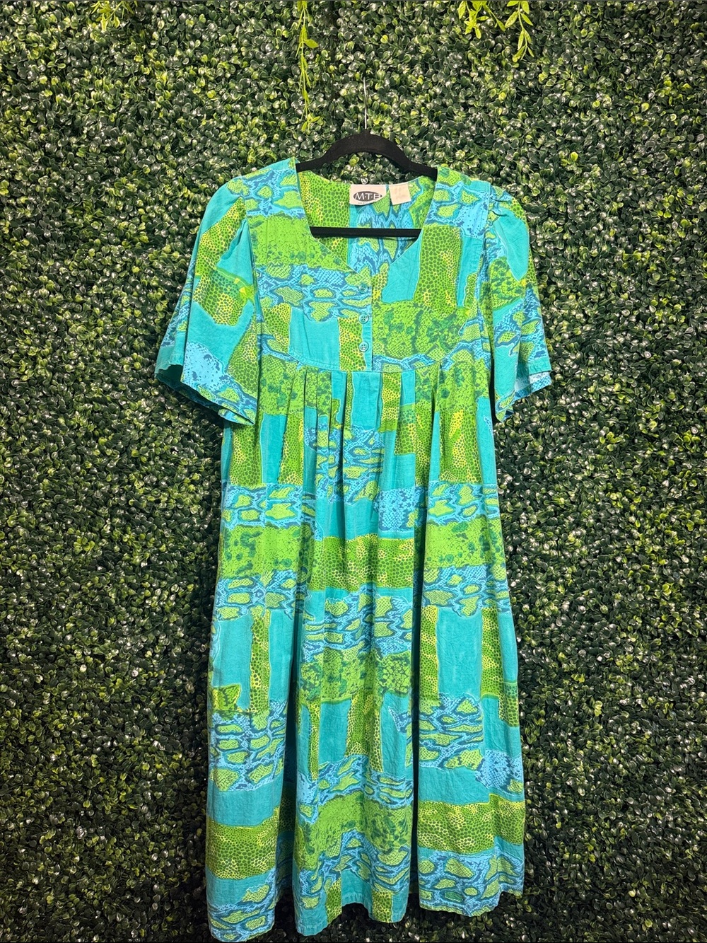 Vintage 1950 Aqua & Lime Patchwork Midi Dress